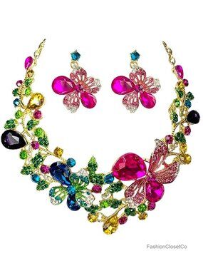 Chunky Crystal Flower Statement Necklace & Earrings Set Bib Collar Prom Party